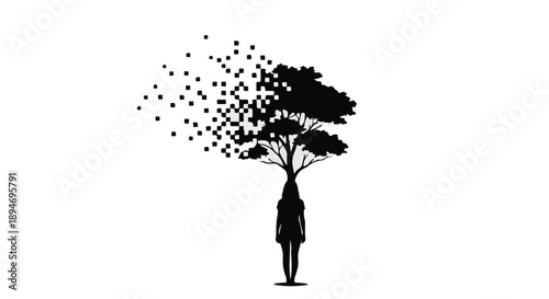 Silhouette of a person with a tree growing from their head, dissolving into pixels