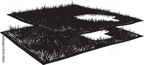 Black and white illustration of layered grassy squares isolated