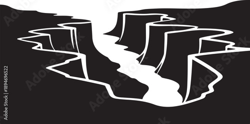 Black and white illustration of canyon landscape with river