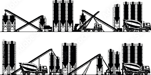 Concrete batching plant silhouettes featuring cement silos conveyor systems mixer trucks for industrial construction manufacturing vector illustration