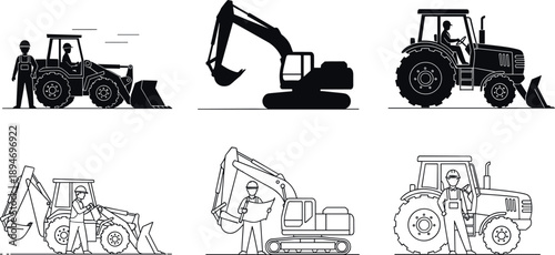 Construction and agricultural machinery silhouettes set with excavator, tractor and workers, heavy equipment industrial labor concept, black illustration isolated on white
