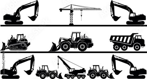 Construction machinery silhouettes set featuring excavator crane bulldozer loader and dump truck vehicles aligned in industrial scene isolated on white background