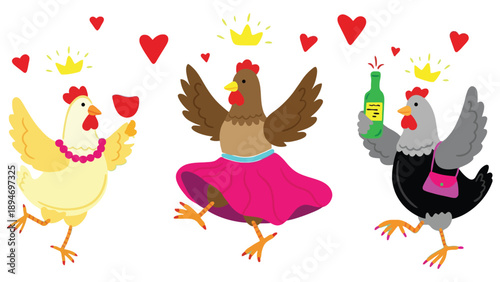 Three cartoon chickens dressed up and celebrating with drinks