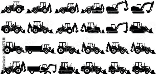 Construction vehicle silhouettes collection featuring tractor backhoe excavator loader and dump trailer machines isolated on white background for industrial design projects