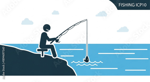 Fisherman sitting on a rock catching a fish.