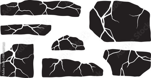 Cracked Black Rock Fragments on White Background Illustration Set