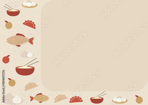 Flat minimalist Chinese New Year background inspired by symbolic foods such as oranges, dumplings, noodles, and fish.