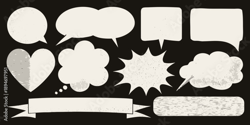 Collection of various white speech and thought bubbles on black background