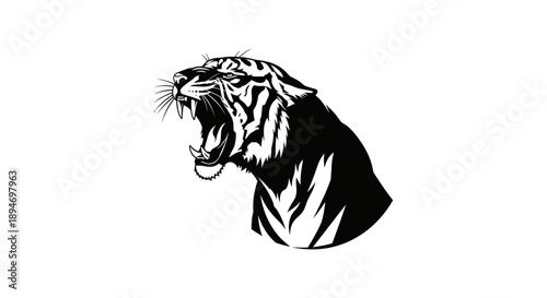 Fierce Tiger Head Roaring Aggressively Black and White Illustration.