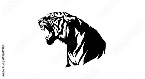 Fierce Tiger Head Roaring Aggressively Black and White Silhouette.