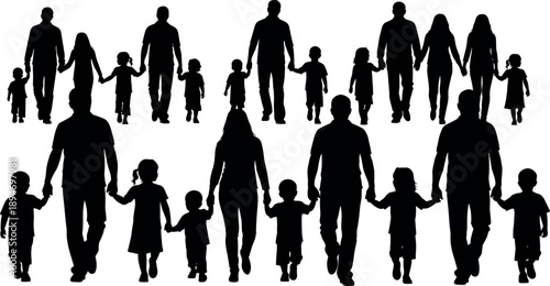 Family silhouettes walking together with parents and children holding hands, happy togetherness parenting and lifestyle concept, black illustration isolated on white