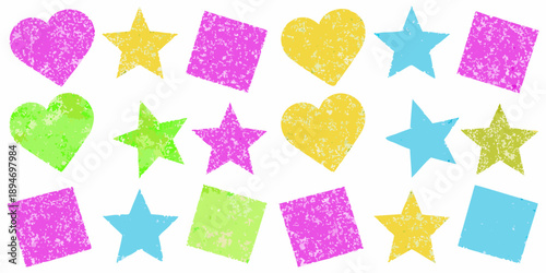 Colorful geometric shapes and hearts arranged on a white background