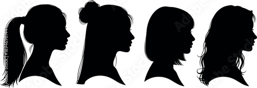 Female head profile silhouettes set with different hairstyles, woman side view faces, beauty fashion and identity concept, black illustration isolated on white