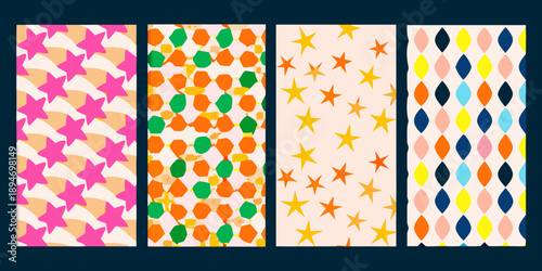 Four vibrant patterned panels with stars circles and diamond shapes
