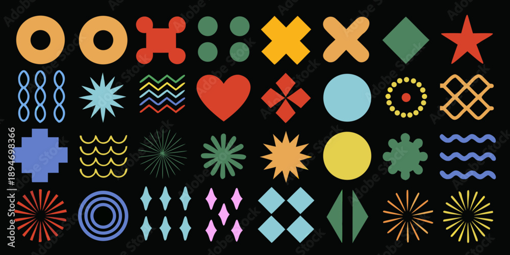 Fototapeta premium Colorful abstract shapes and patterns arranged on a black background