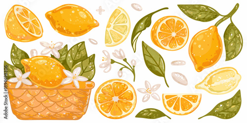 A vibrant illustration of lemons citrus slices blossoms and leafy greens