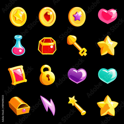 Colorful game icons depicting coins hearts potions and magical items