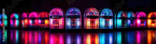 Drip Vintage Trend concept. Vibrant jukeboxes reflecting colorful lights in a dark setting.