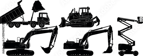 Heavy construction equipment silhouettes set featuring excavator bulldozer dump truck lift machines for industrial engineering vector illustration