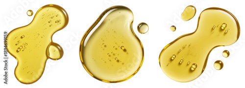 Golden oil drops, viscous liquid, skincare serum, beauty texture, and transparent fluid blobs with bubbles on white.
