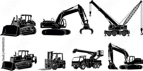 Heavy construction equipment silhouettes collection featuring bulldozer excavator crane forklift and truck machines isolated on white background for industrial engineering design projects