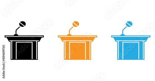 Three podiums with microphones isolated on transparent background, Vector