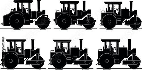 Steam road roller silhouette set showing vintage construction compactor machines isolated on white background industrial transportation engineering vector illustration