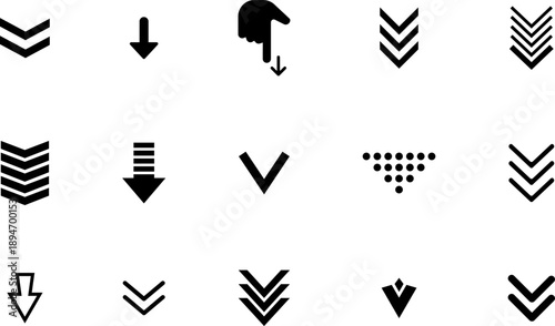 Swipe down icon. Arrow down button symbol. Swipe down icons set for social media stories. Scroll Down Icon Vector, Sign and Symbol Design Elements for Website or Apps, Presentation, UX UI.