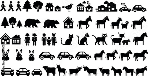 Village life silhouettes icon set featuring people animals houses cars trees and nature elements isolated on white background for rural lifestyle design projects