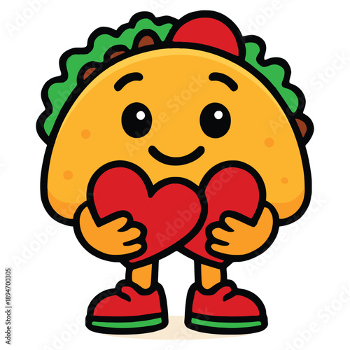 Adorable taco cartoon hugging a red heart with a sweet smile. Kawaii vector illustration ideal for Valentine’s Day cards, stickers, branding, and social media graphics.