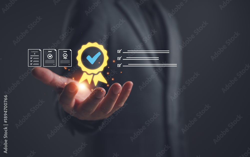 Obraz premium Business professional presenting quality certification badge approval checklist, representing quality assurance, compliance standards, verification process, audit control, trust, business validation.