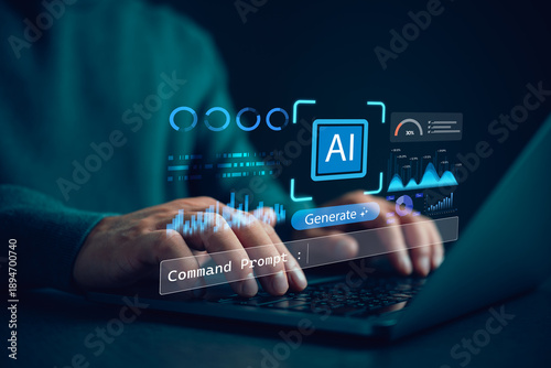 Tableau sur toile A Person typing AI command prompt on laptop with data dashboard analytics interface, artificial intelligence generation, automation workflow, machine learning, productivity, digital innovation