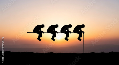 Four elderly men silhouetted sitting on a fence at sunset.