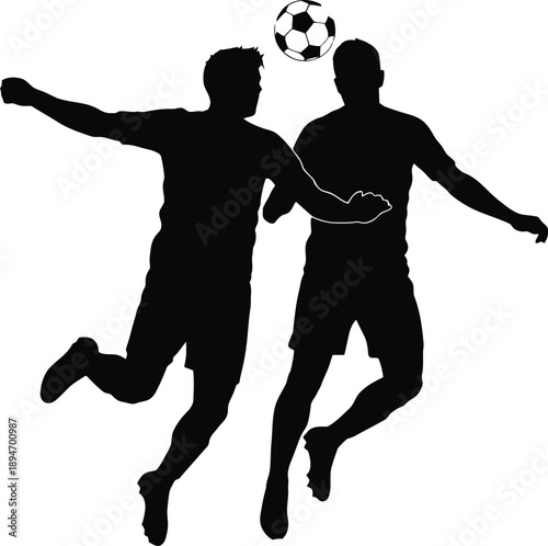 Two soccer players in midair competing for the ball in a game