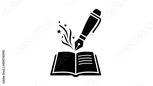 Fountain pen writing in an open book with magical sparkles.