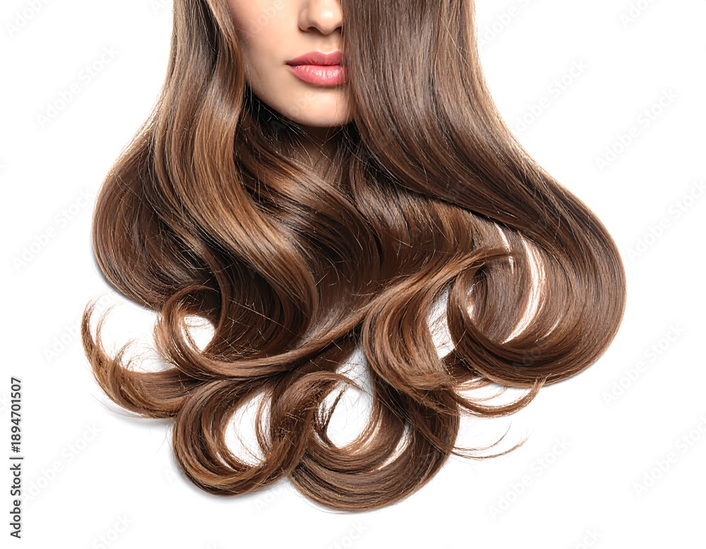 Naklejka premium A woman's face from the lips to the hair with wavy long brown locks