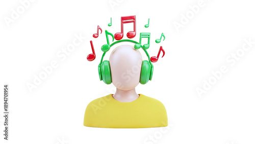 3D Person with Headphones and Music Notes