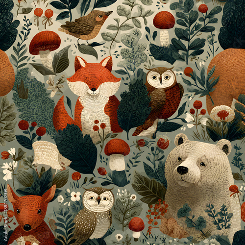 Seamless pattern with a plush teddy bear and soft stuffed animal toys among colorful Christmas tree decorations and holiday gifts for a child