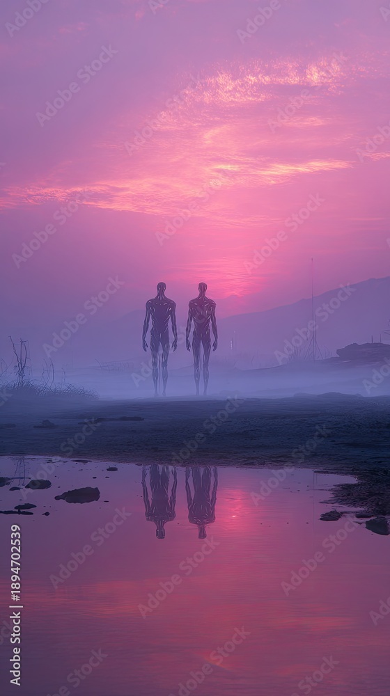 Fototapeta premium Human figures walking toward giant silhouettes under a vibrant purple sunset sky