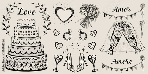 Vintage wedding illustration featuring cake rings shoes and floral designs