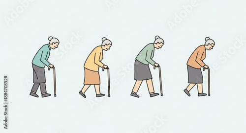 Four elderly women walking with canes in a line.