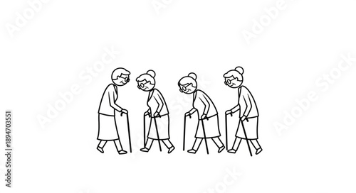 Four elderly women walking with canes showing aging process.