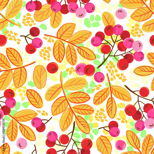 Seamless colorful berry pattern with hand drawn red rowanberries and leaves, playful bright autumn illustration for textile packaging wallpaper and decor