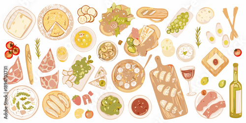 An artistic arrangement of various cheeses breads fruits and charcuterie