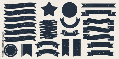 Collection of vintage navy blue ribbons banners and decorative elements