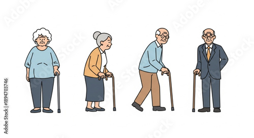 Four elderly people standing with walking canes.