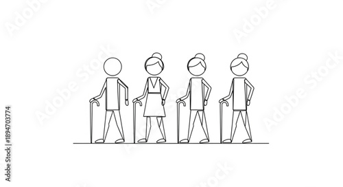 Four elderly people standing with walking sticks.