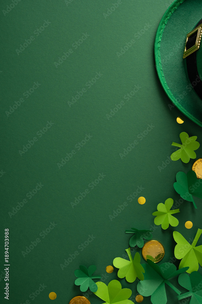Fototapeta premium A vertical vibrant St Patrick’s Day themed scene featuring a green hat, shamrock leaves, and scattered gold coins on a rich green background, conveying luck, celebration, and Irish festivity