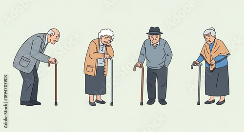 Four elderly people standing with walking canes.