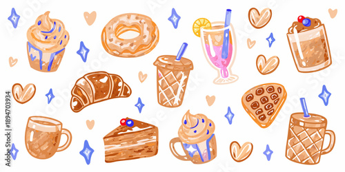 A colorful collection of hand drawn desserts and beverages on white